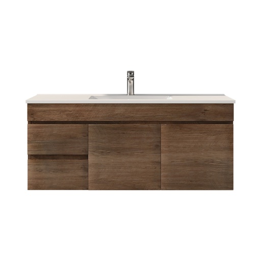 1200mm Dark Oak MDF Wall Hung Bathroom Vanity Cabinet Left Drawer PVC Vacuum Filmed