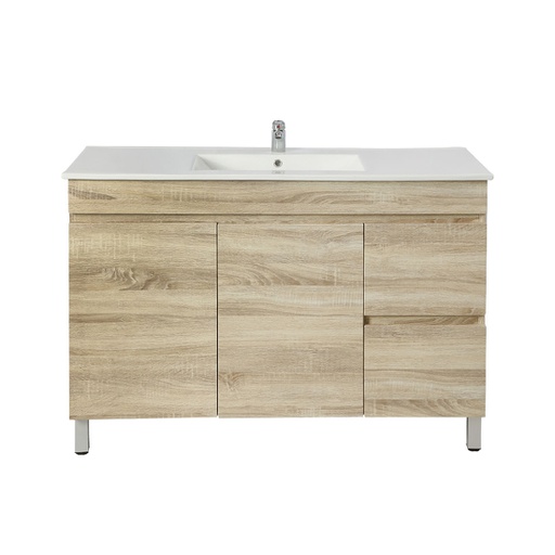 1200mm White Oak MDF Freestanding Bathroom Vanity Cabinet Right Drawer PVC Vacuum Filmed