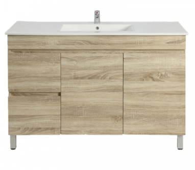 1200mm White Oak MDF Freestanding Bathroom Vanity Cabinet Left Drawer PVC Vacuum Filmed