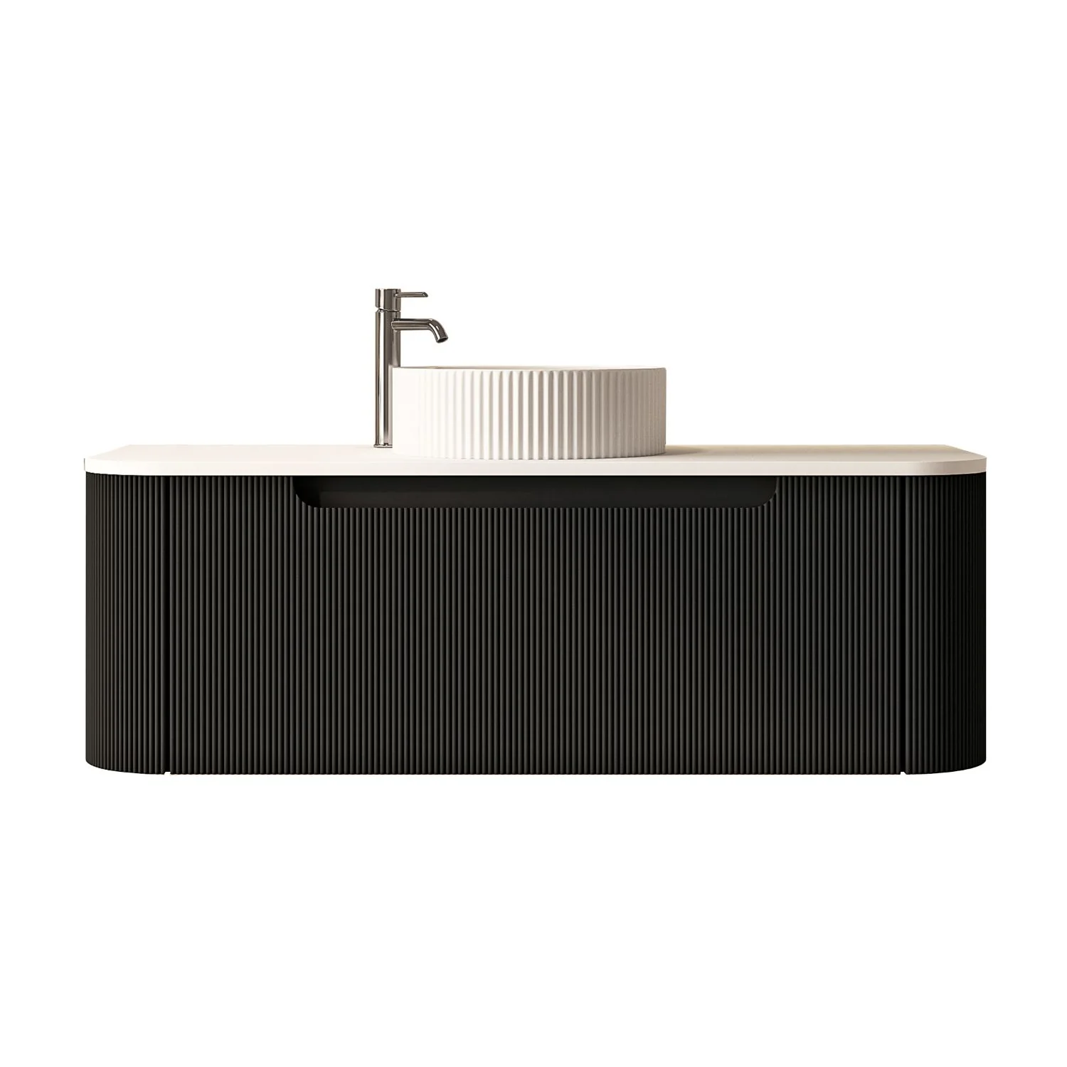 1200x460x400mm Rome Matt Black Round Edge Grooved Wall Hung MDF Vanity With White Quartz Stone Top One Soft Closing Drawer