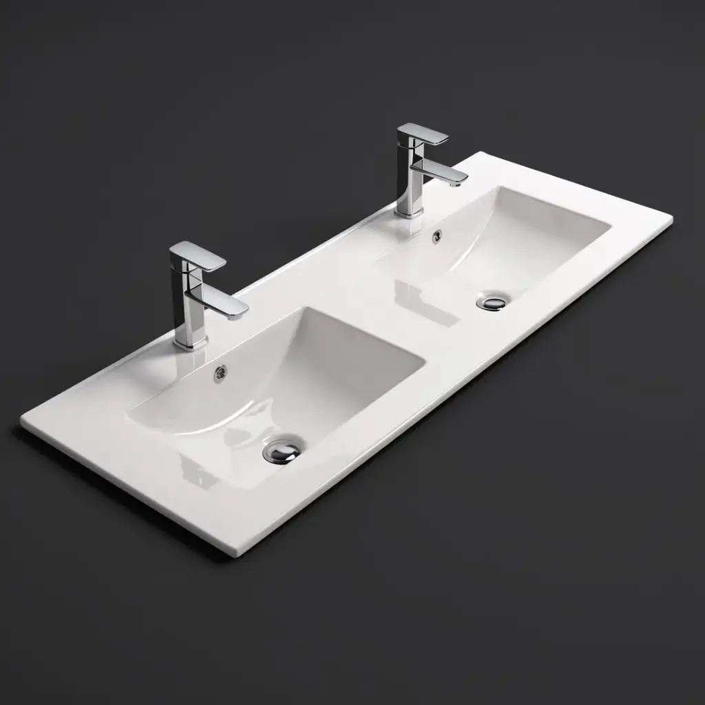 1210*465*180 Gloss White Crete Fine Ceramic Counter Top Tap Hole, Double Bowl Overflow,32mm Waste