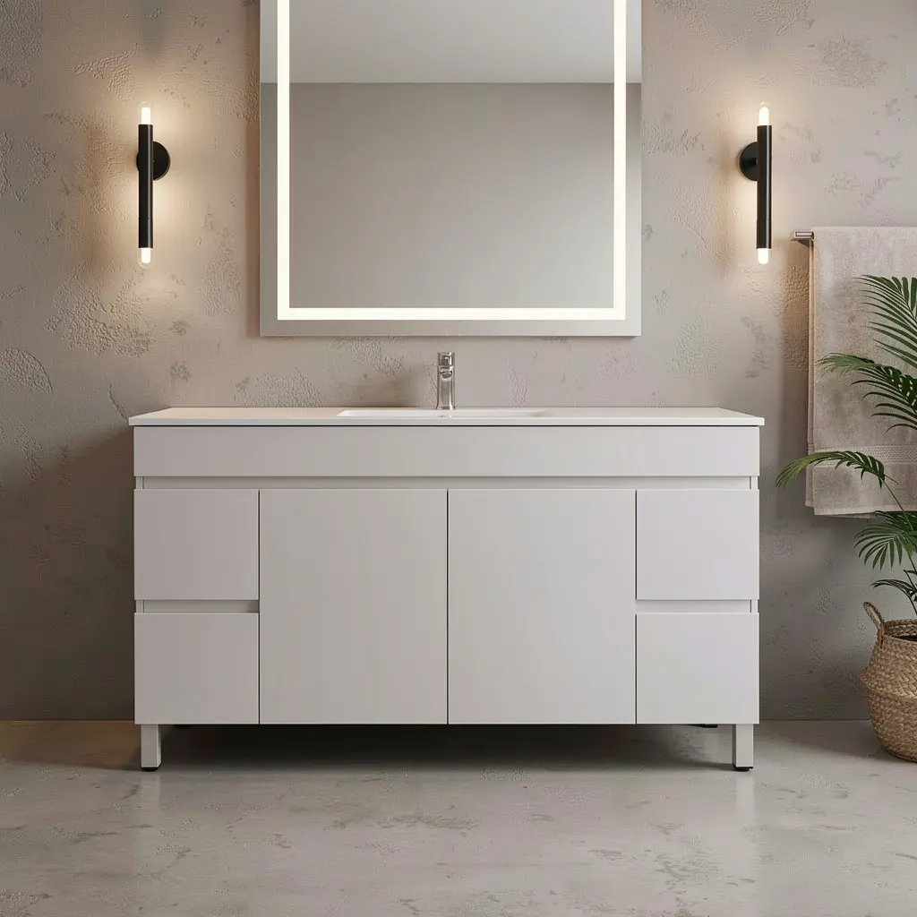 1500Lx830Hx450Dmm Gloss White 2PAC MDF 4S/DW 2M/DR Freestanding Vanity