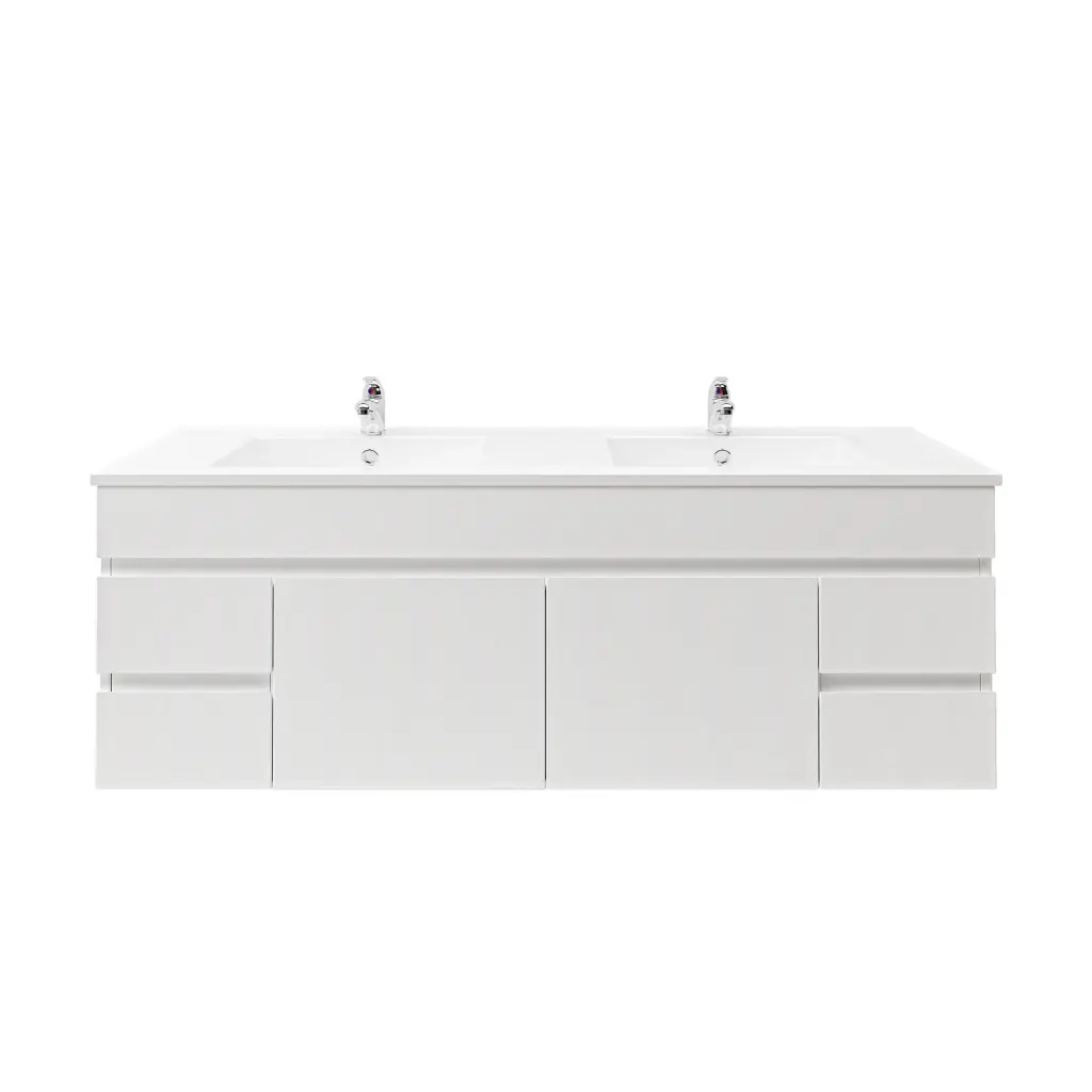 1500Lx830Hx450Dmm Gloss White 2PAC PVC 4S/DW 2M/DR Wall Hung Vanity