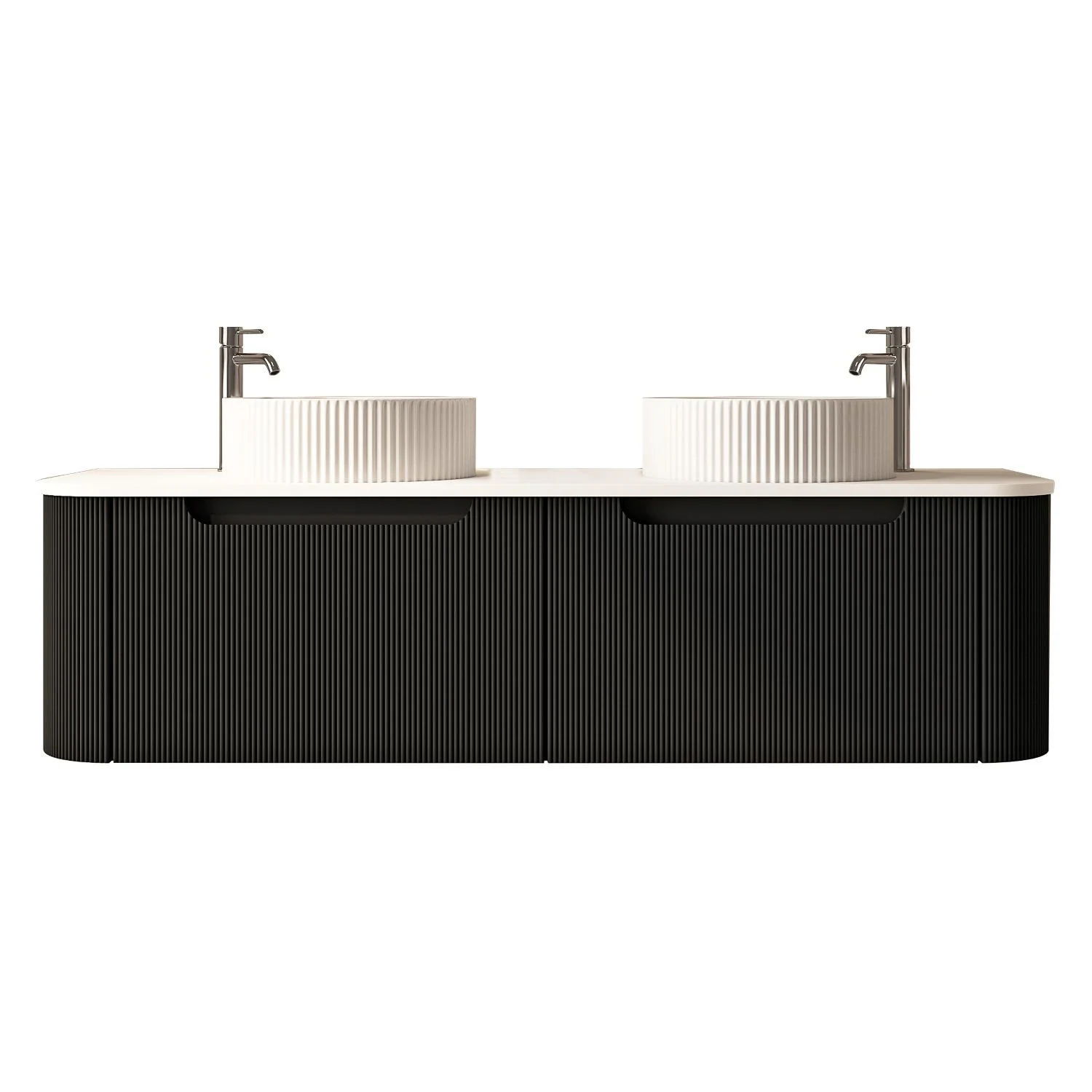 1500x460x400mm Rome Matt Black Round Edge Grooved Wall Hung MDF Vanity With White Quartz Stone Top Two Soft Closing Drawer