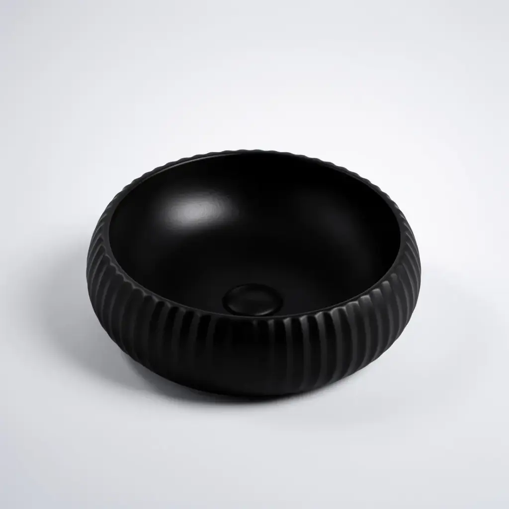 410*410*130mm Matte Black Oran Fine Ceramic Fluted Art Basin No Overflow,32mm Waste