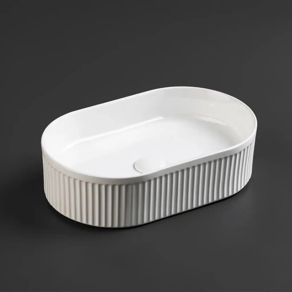 490*310*130mm Gloss White Ellips Fluted Fine Ceramic Above Counter Basin No Overflow 32mm Waste