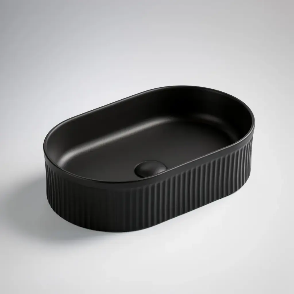 490*310*130mm Matte Balck Ellips Fluted Fine Ceramic Above Counter Basin No Overflow 32mm Waste