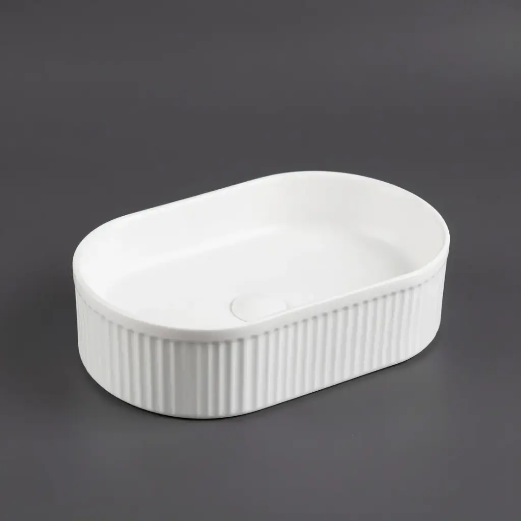 490*310*130mm Matte White Ellips Fluted Fine Ceramic Above Counter Basin No Overflow 32mm Waste