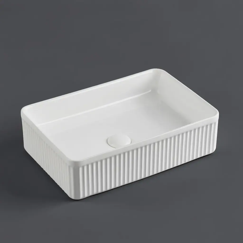 500*340*130mm Matte White Crete Flueted Fine Ceramic Above Counter Basin No Overflow 32mm Waste