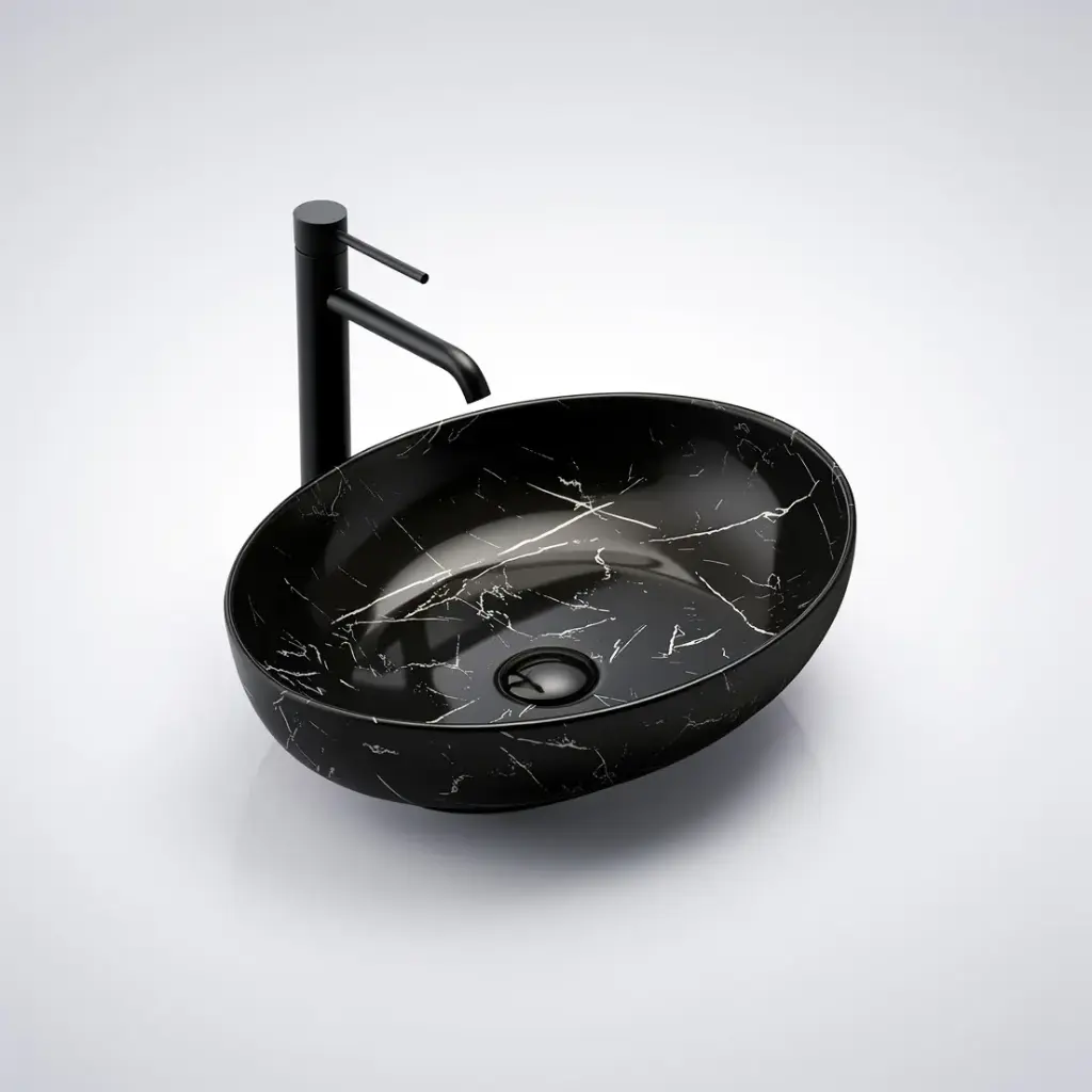 520*395*130mm Matt Marble Black Carey Fine Ceramic Above Counter Basin No Overflow,32mm Waste