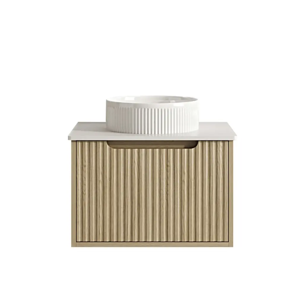 590x455x390 Natural Oak Premium Straight Edge Wall Hung vanity With Black Stone Top