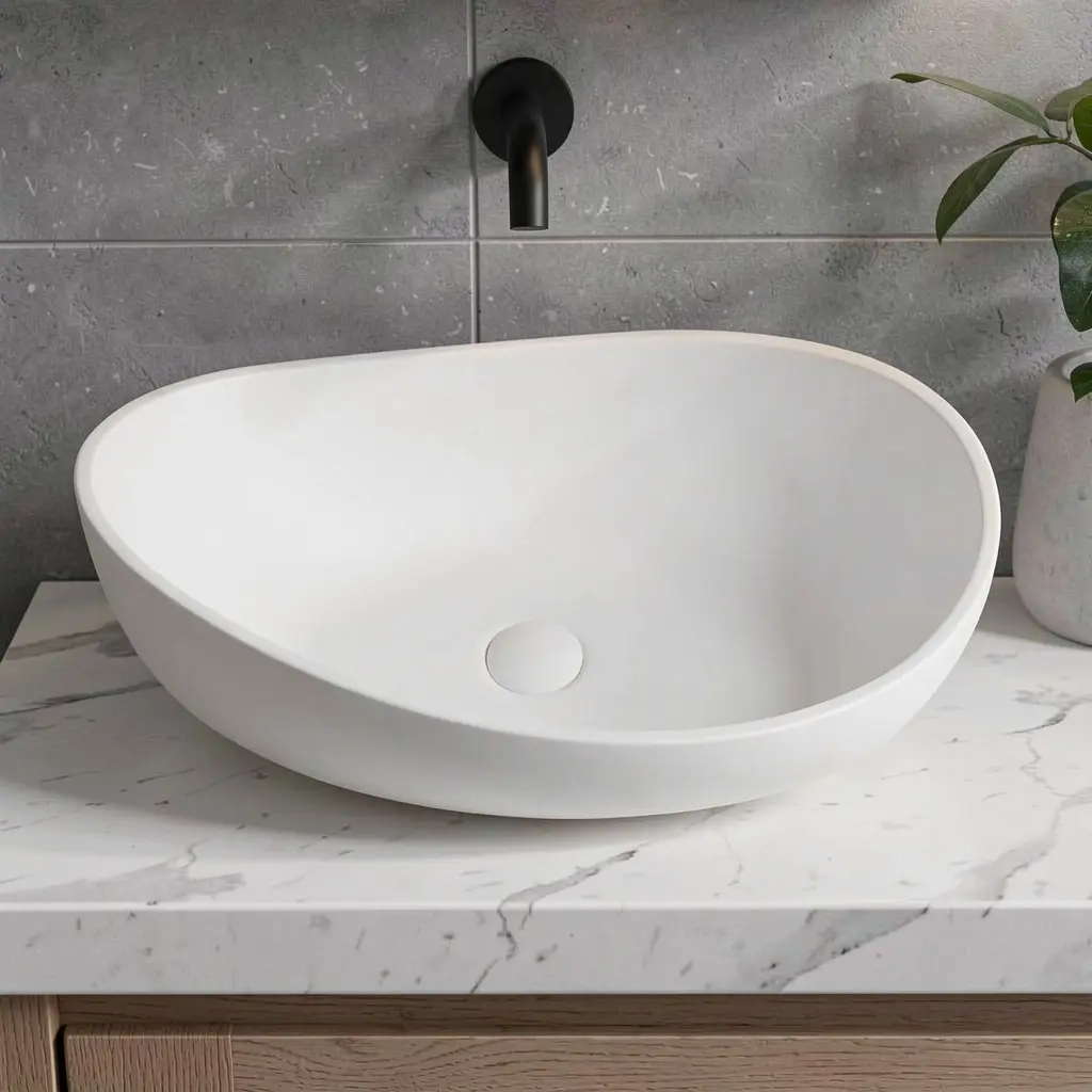 600*370*190mm Matt White Waverton Solid Surface Stone Above Counter Basin 32mm Waste