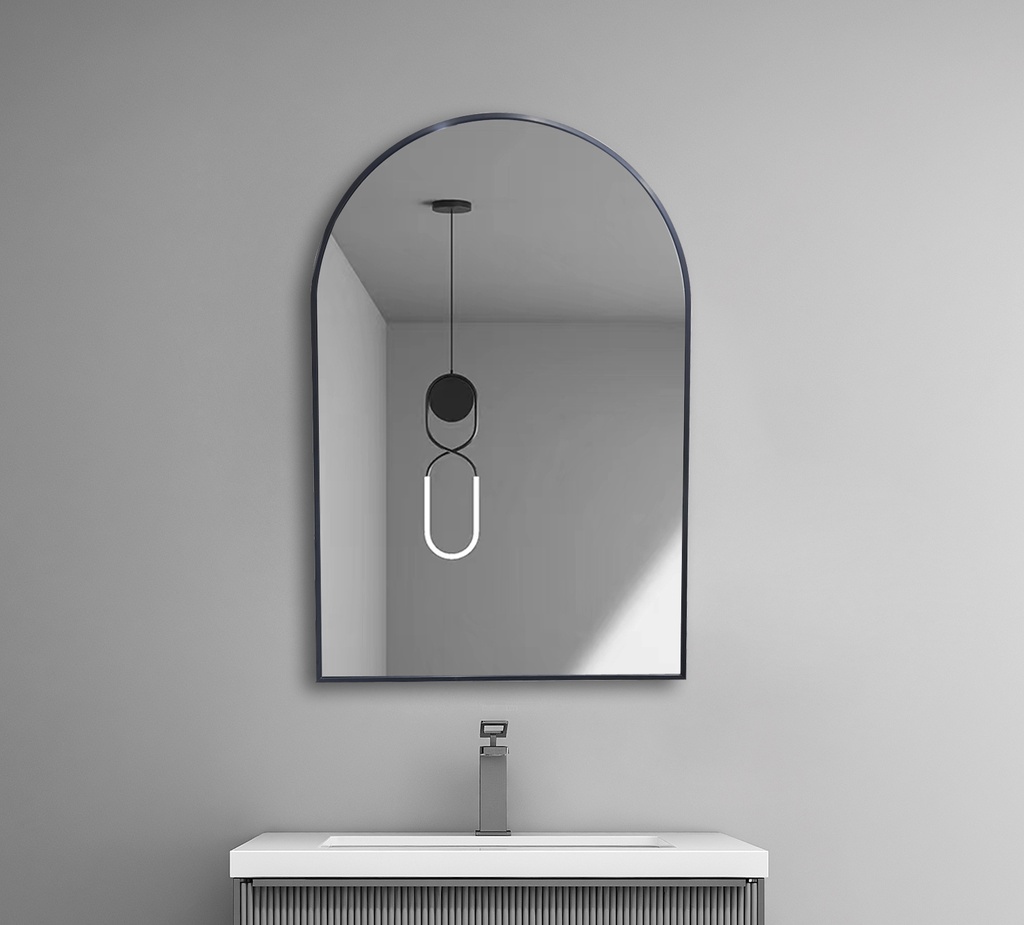 600*900*27mm Matt Black Aluminum Framed Arch Mirror