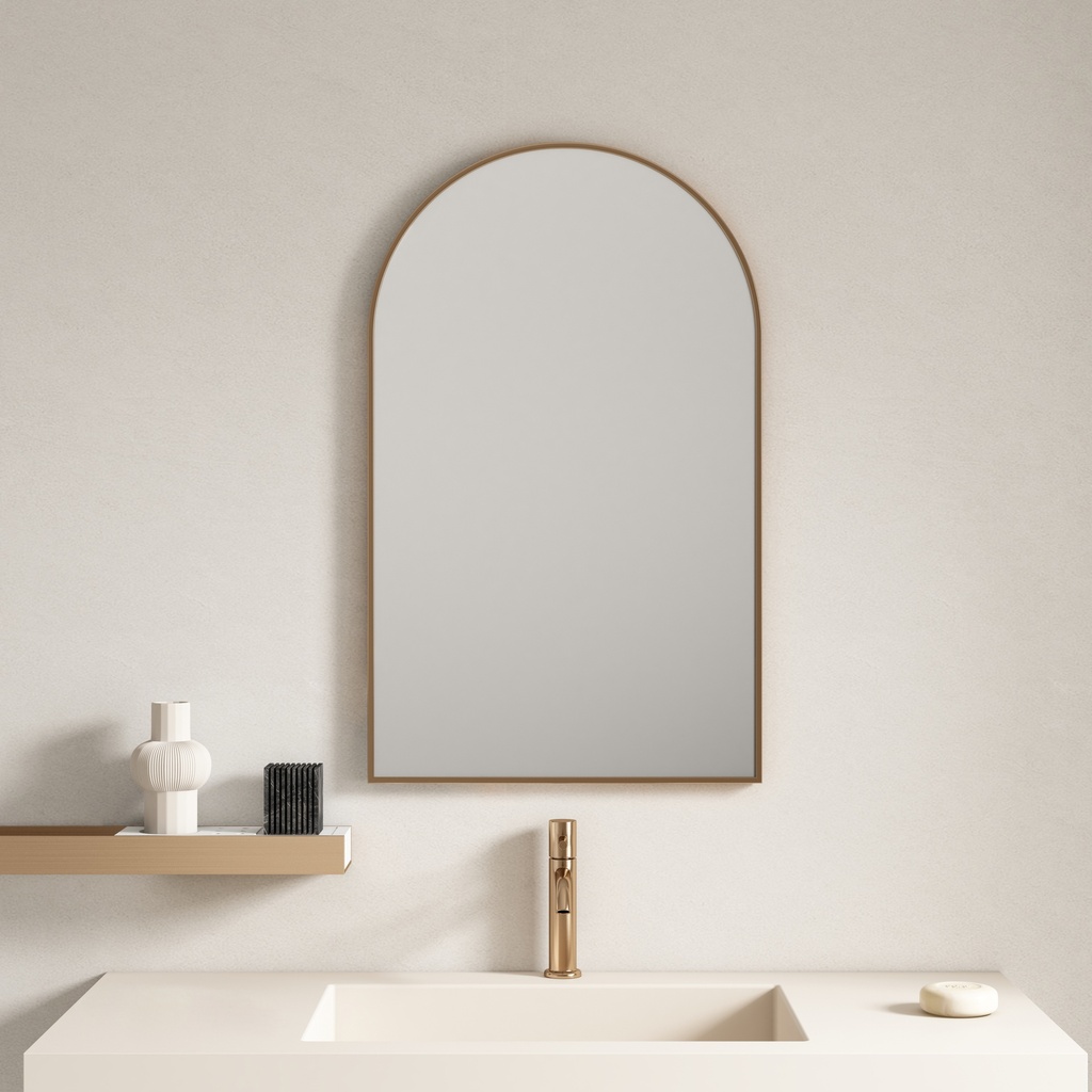 600*900*30mm Brushed Golden Aluminum Framed Arch Mirror