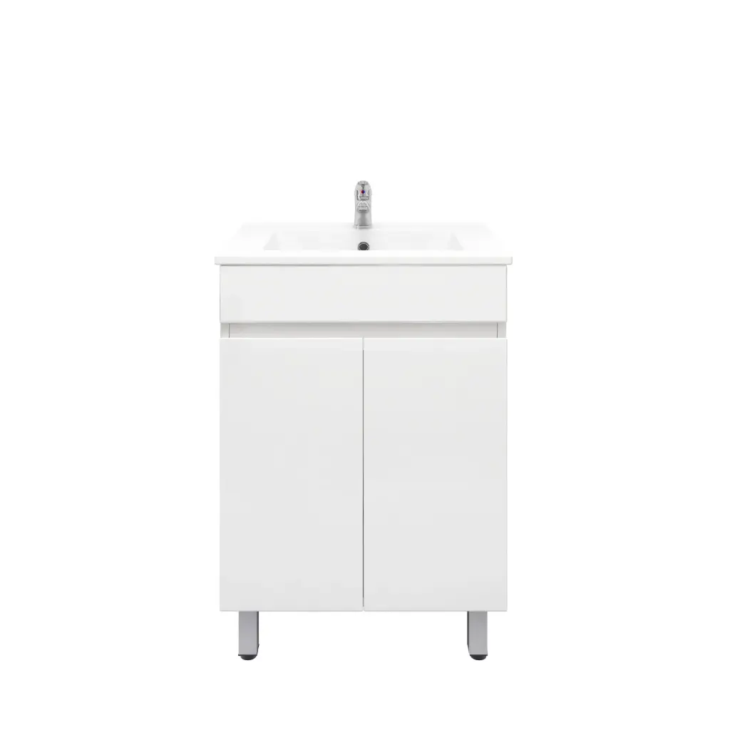 600mm Freestanding Bathroom Vanity Cabinet with Legs PVC 2 Door Gloss White