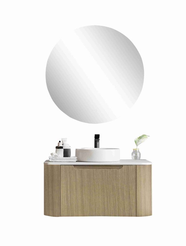 700*460*400mm Bur Oak Round Edge Grooved Wall Hung Vanity Cabinet Only Soft Closed Single Drawer