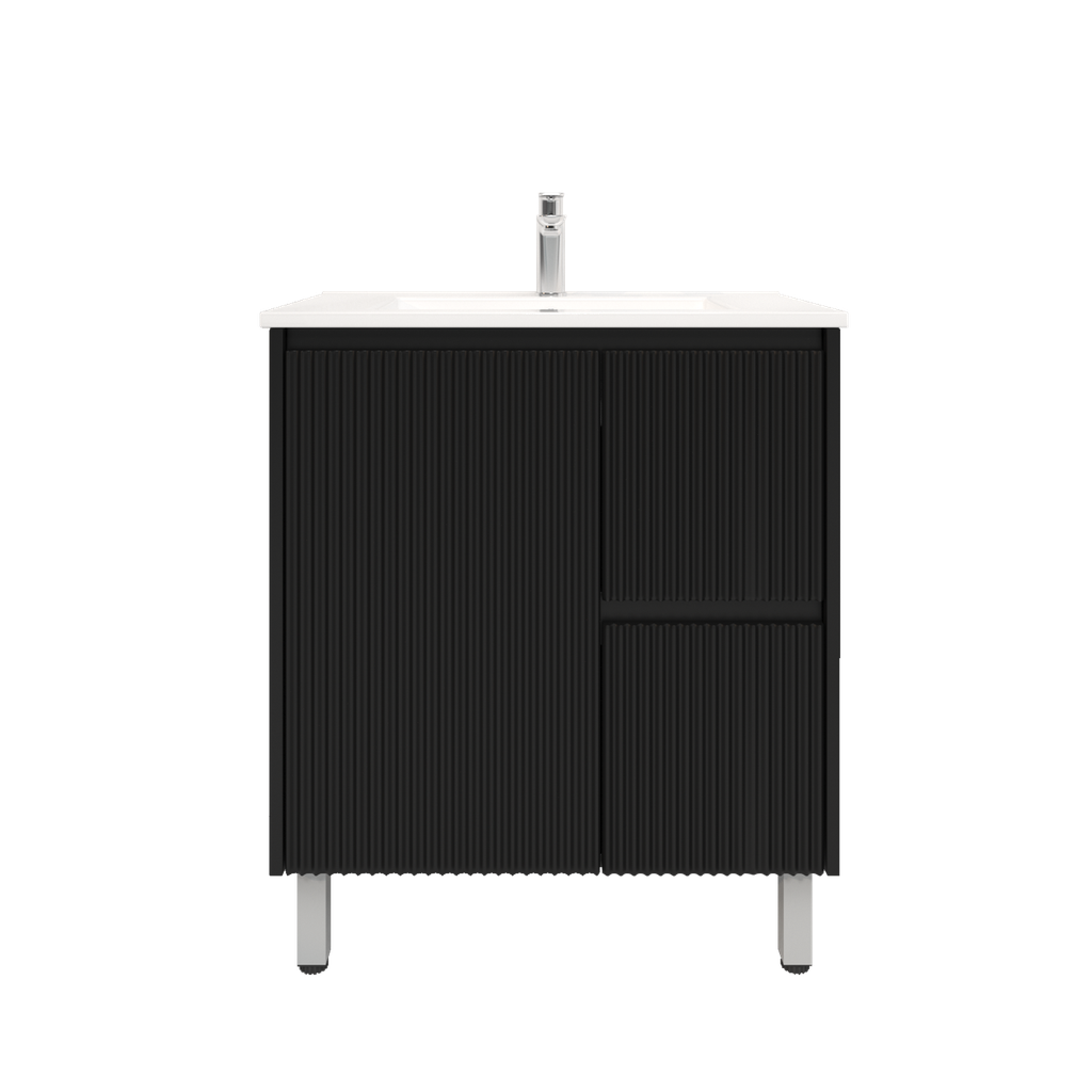 750mm Brio Freestanding Bathroom Vanity Cabinet with Legs PVC Right Drawer Fluted Matte Black