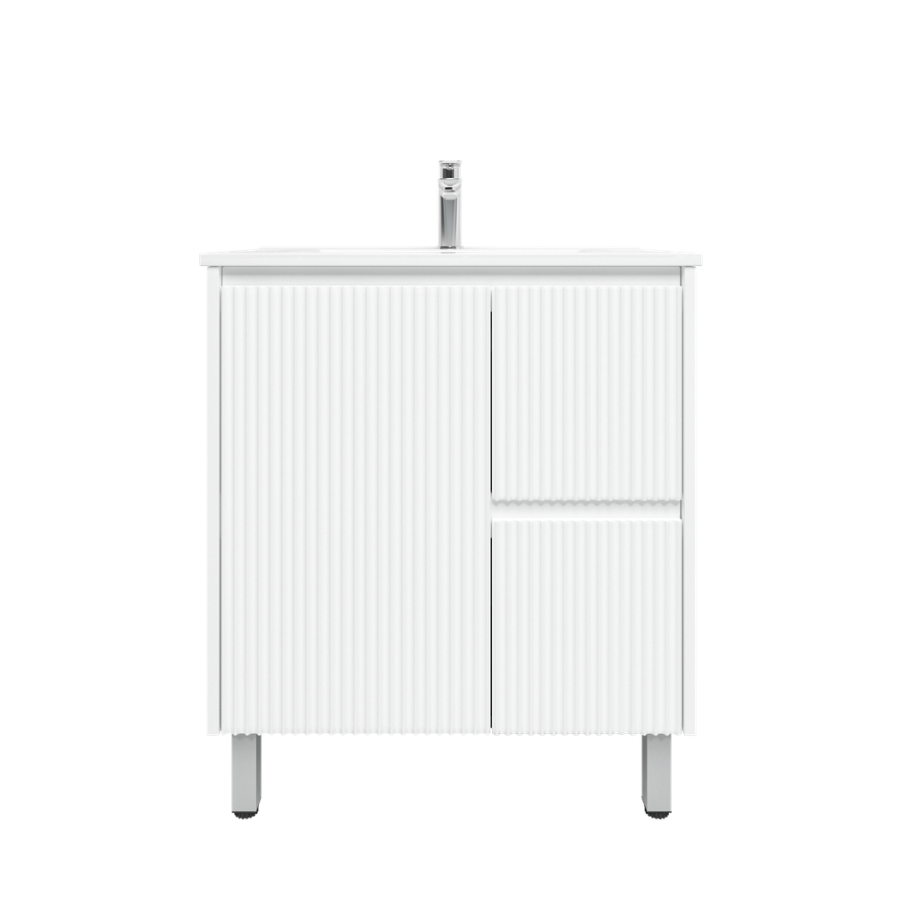 750mm Brio Freestanding Bathroom Vanity Cabinet with Legs PVC Right Drawer Fluted Matte White