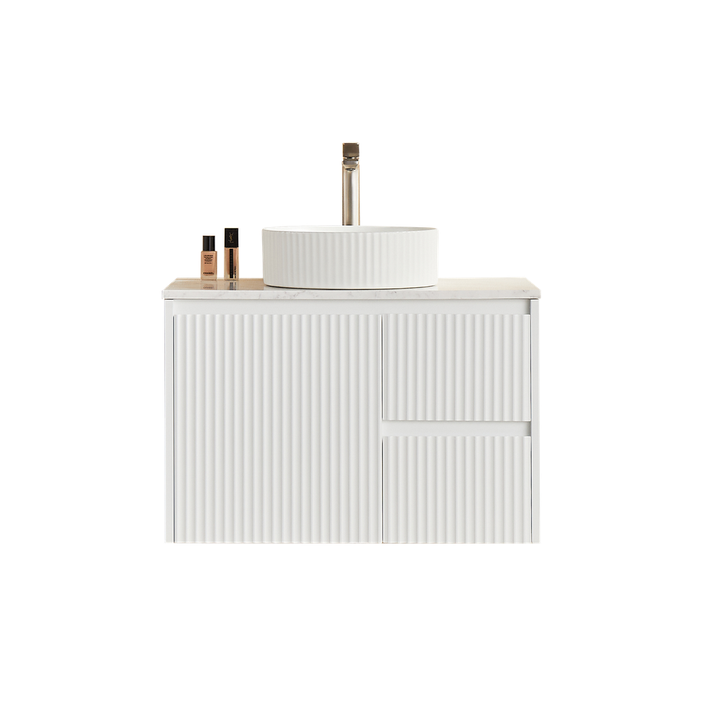 740x455x480mm Matte White Crete Modern Fluted Wall Hung Vanity PVC Cabinet,Right Hand Drawers