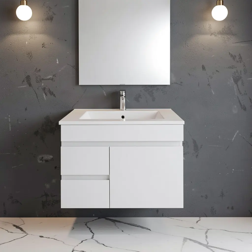 750mm Narrow Gloss White MDF 2 Left Drawers 1Right Door Wall Hung Bathroom Vanity Cabinet Only