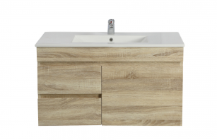750mm Slim White Oak MDF Wall Hung Bathroom Vanity Cabinet Left Drawer PVC Vacuum Filmed