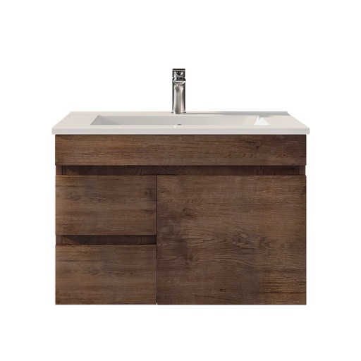 750mm Dark Oak MDF Wall Hung Bathroom Vanity Cabinet Left Drawer PVC Vacuum Filmed