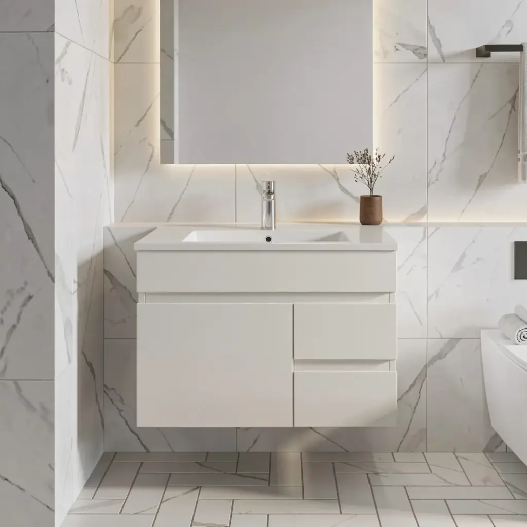 750mm Gloss White MDF 2Right Drawers 1 Left Door  Wall Hung Bathroom Vanity Cabinet Only