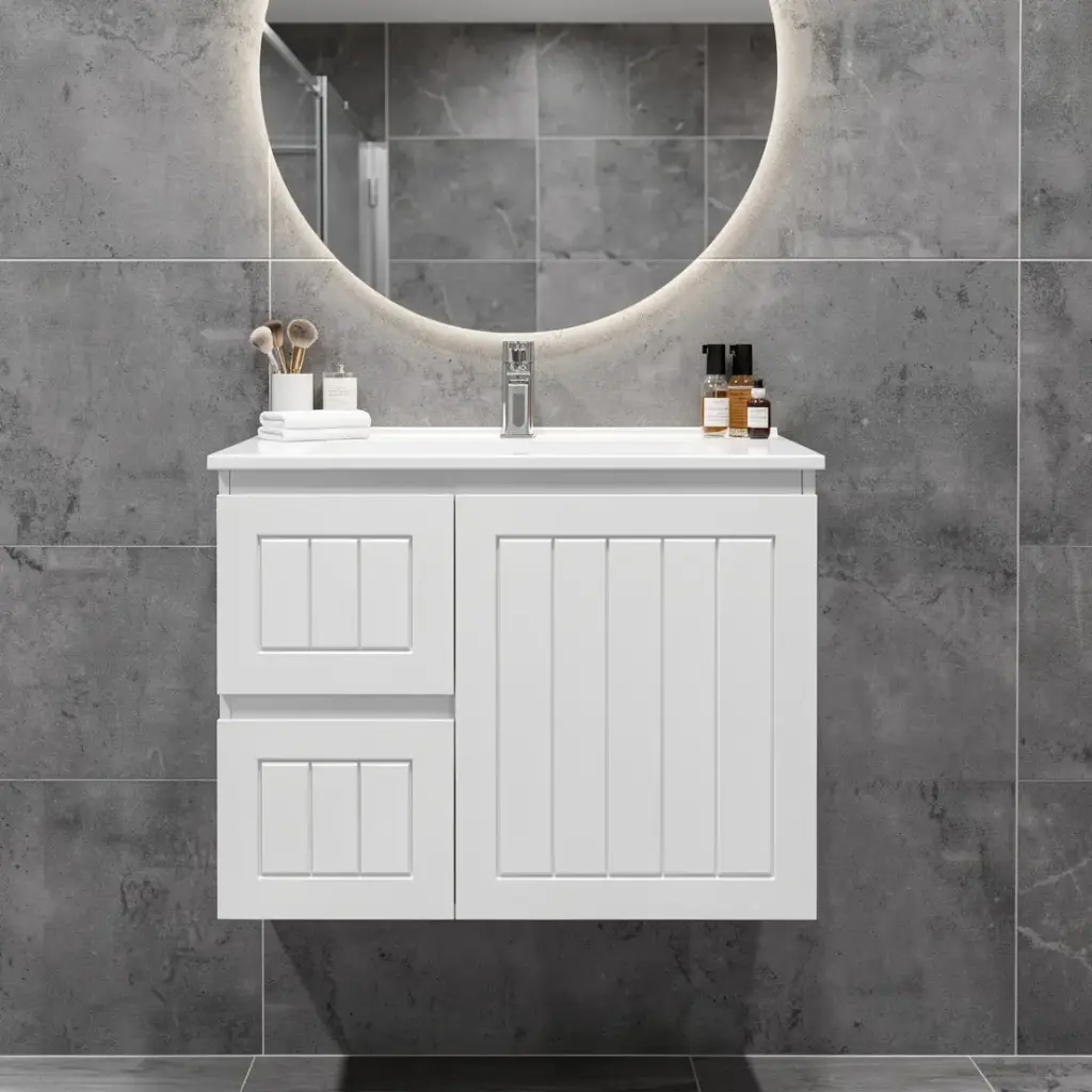 750mm Amber Matte White MDF 2 Left Drawers 1 Right Door Wall Hung Bathroom Vanity Cabinet Only