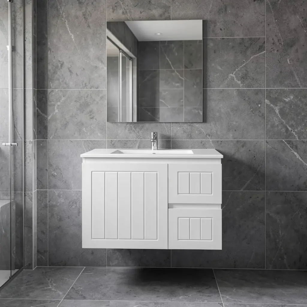 750mm Amber Matte White MDF 2 Right Drawers 1 Left Door Wall Hung Bathroom Vanity Cabinet Only