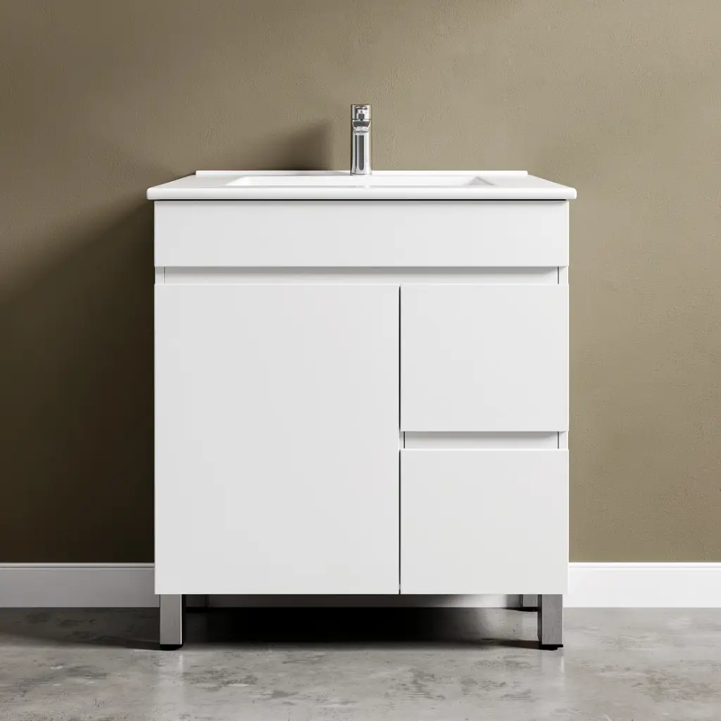 750mm Narrow Gloss White  MDF 2Right Drawers 1 Left Door Freestanding Bathroom Vanity Cabinet Only