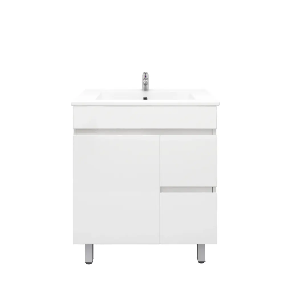 750Lx830Hx450Dmm Gloss White 2PAC PVC 2R/DW 1L/DR Freestanding Vanity