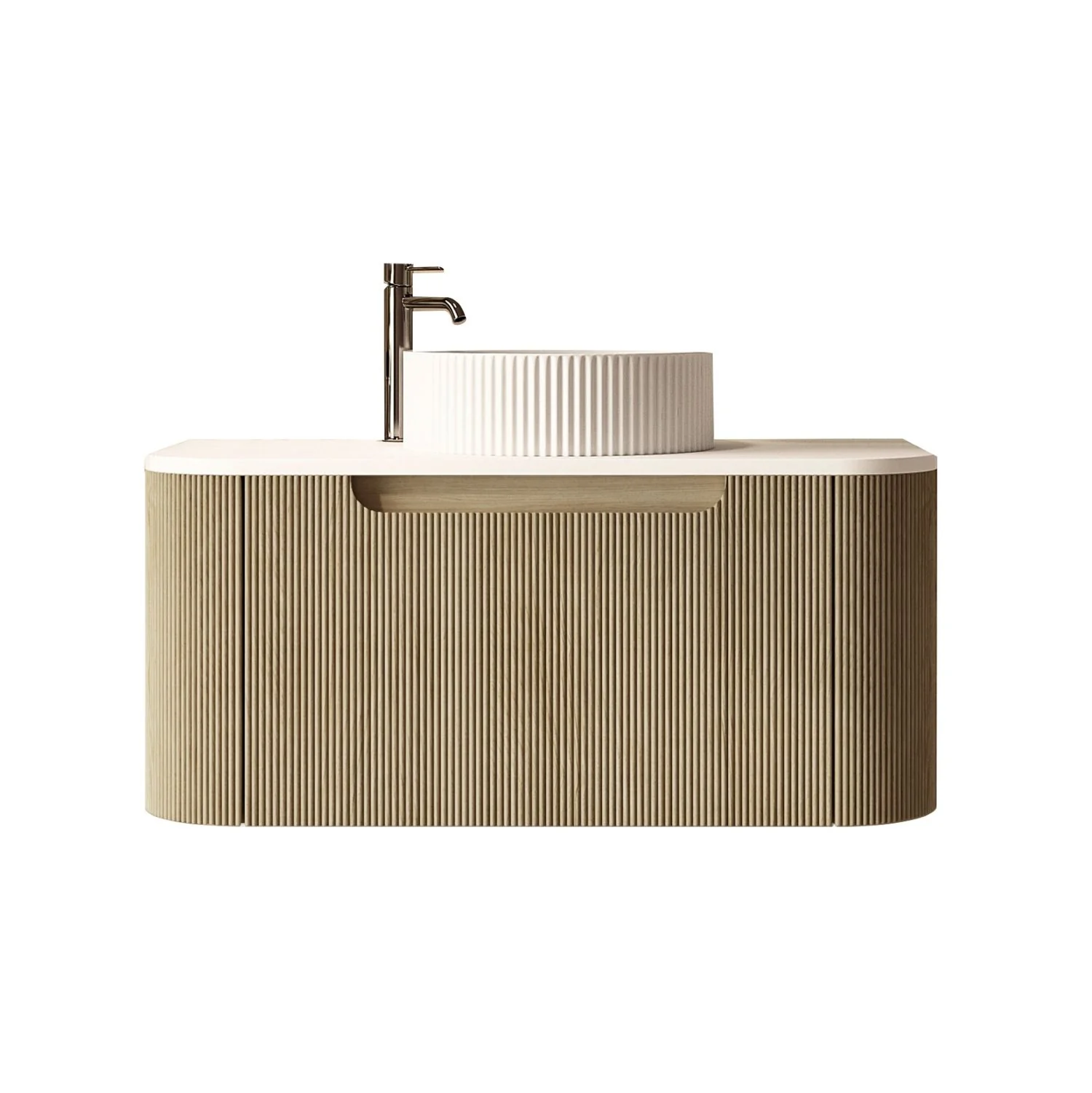 750x460x400mm Rome Bur Oak Round Edge Grooved Wall Hung MDF Vanity With White Quartz Stone Top One Soft Closing Drawer