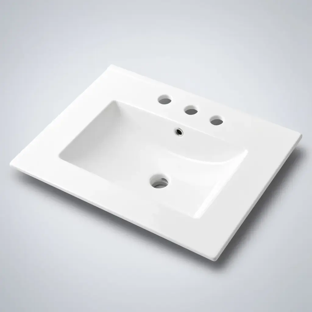 755*463*175mm Gloss White Crete Fine Ceramic Counter Top 3 Tap Hole Overflow,32mm Waste