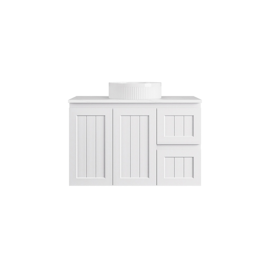 890*360*560mm Matte White Archill Federation Wall Hung Ensuite PVC Cabinet Right Hand Drawer
