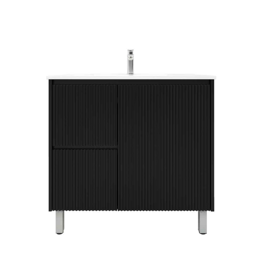 900mm Brio Freestanding Bathroom Vanity Cabinet with Legs PVC Left Drawer Fluted Matte Black