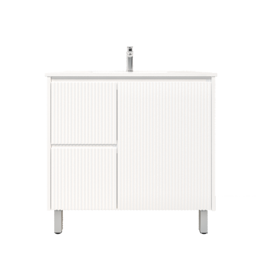 [92087/PVCKB94LL-MW] 900mm Brio Freestanding Bathroom Vanity Cabinet with Legs PVC Left Drawer Fluted Matte White