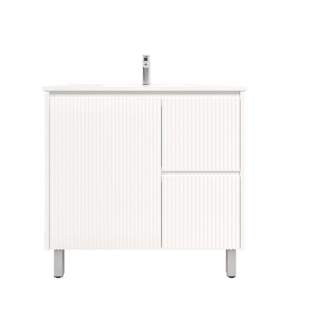 [92088/PVCKB94LR-MW] 900mm Brio Freestanding Bathroom Vanity Cabinet with Legs PVC Right Drawer Fluted Matte White