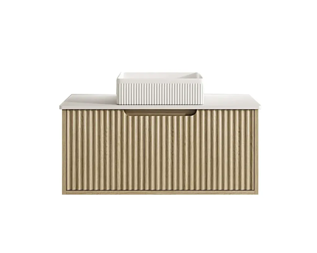 890x455x390 Natural Oak Premium Straight Edge Wall Hung vanity With Black Stone Top