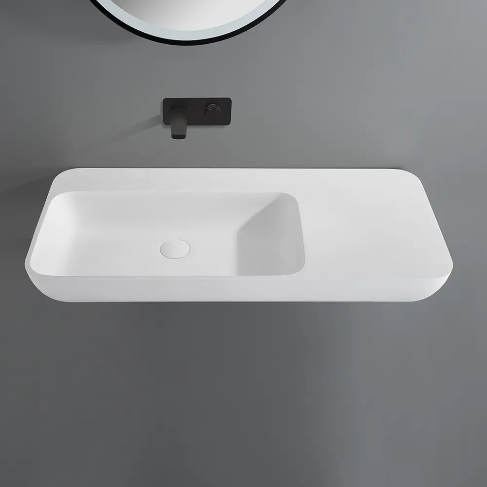 900*400*120mm Matt White Rocca Solid Surface Stone Wall Hung Basin With Semi Drill Tap Hole None Overflow 32mm Waste