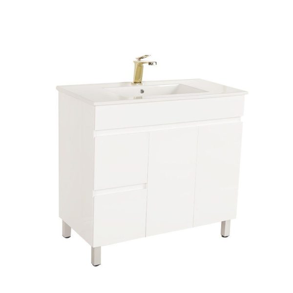 900*450*710mm Freestangding Gloss White PVC Vanity Left Drawer With Ceramic Top