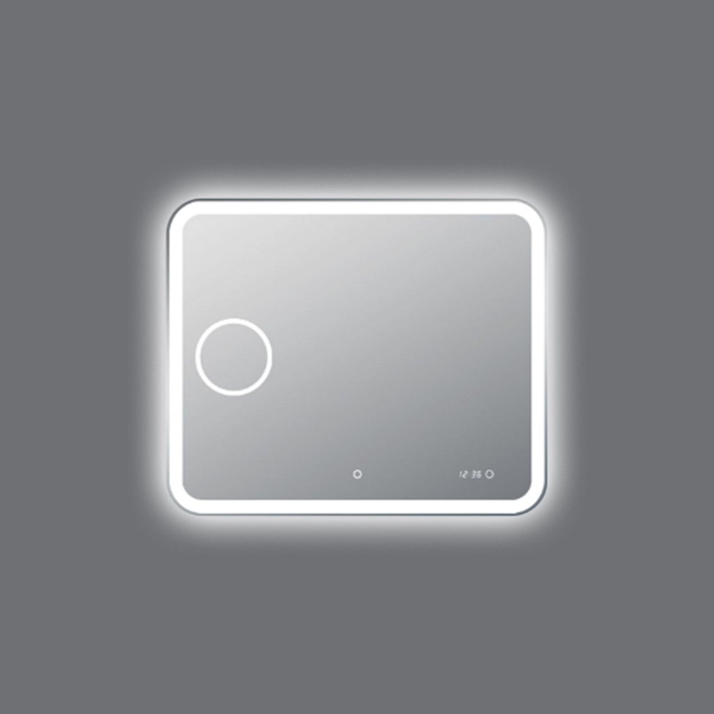 900*750mm Curved Rim Rectangle 3 Color Lighting Backlit Acrylic LED Mirror Magnifier Touch Sensor Switch Defogger Pad Wall Mounted Digital Clock with Temperature