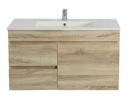 900mm White Oak MDF Wall Hung Bathroom Vanity Cabinet Right Drawer PVC Vacuum Filmed