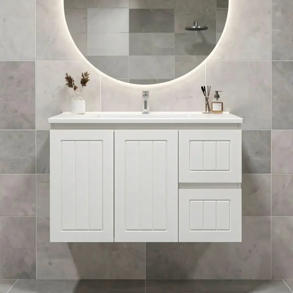 900Lx550Hx460Dmm Amber Matte White 2PAC MDF 2R/DW 2L/DR Wall Hung Vanity