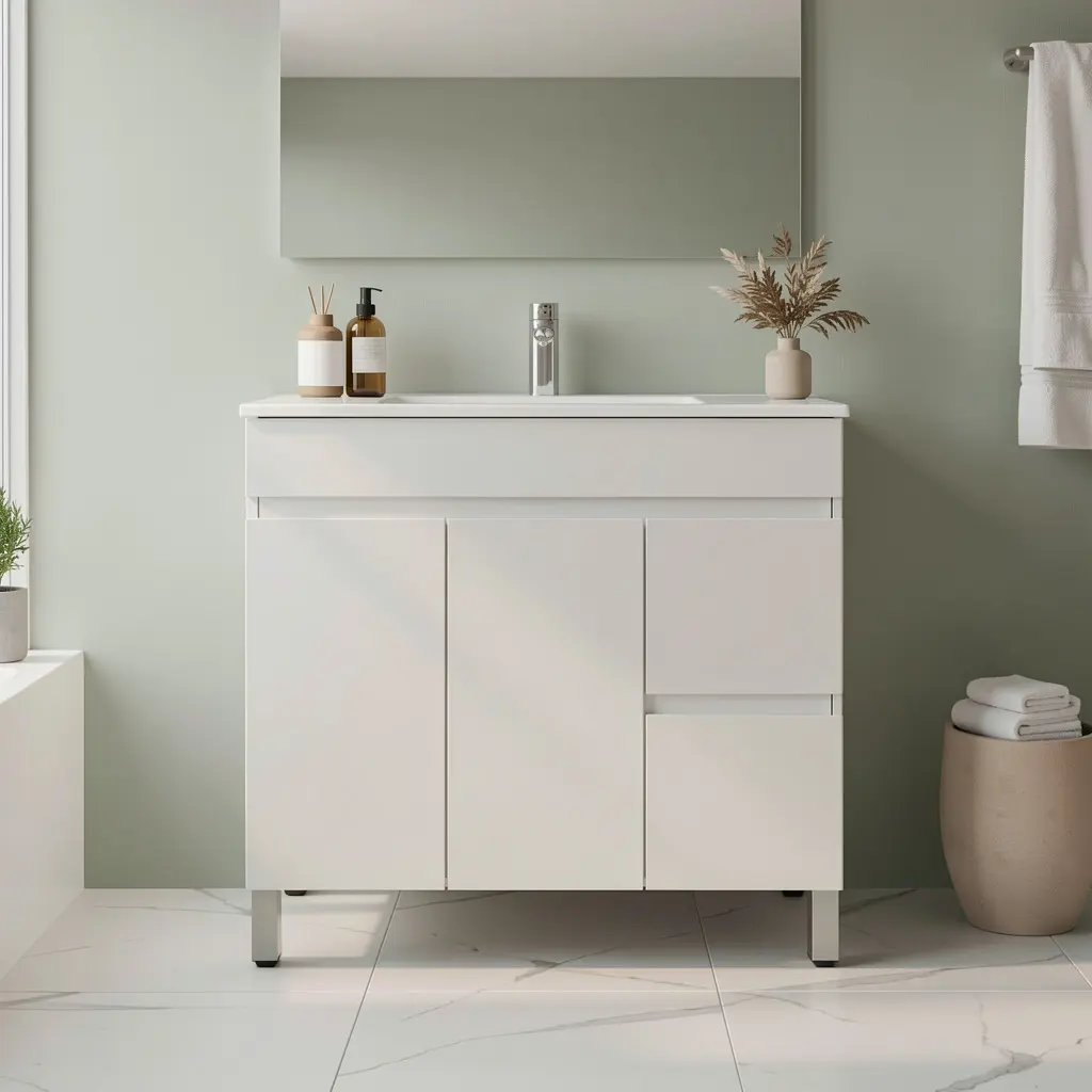 900Lx830Hx350Dmm Gloss White 2PAC MDF 2R/DW 2L/DR Freestanding Vanity