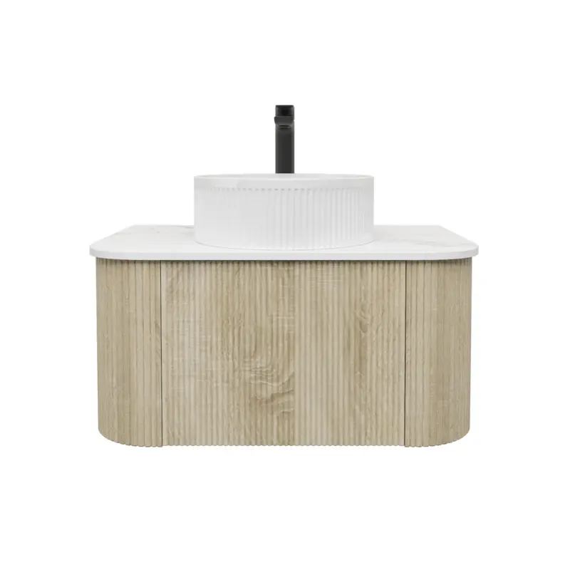 [93390/KC75W-WO] Kiama 750mm White Oak One Drawer Curved Wall Hung Vanity